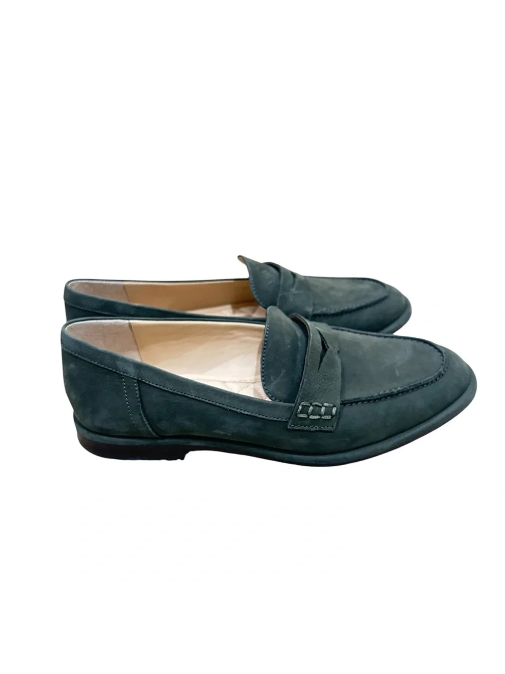 J. McLaughlin Suede slip on Penny Loafers in olive Green leather sole size 8